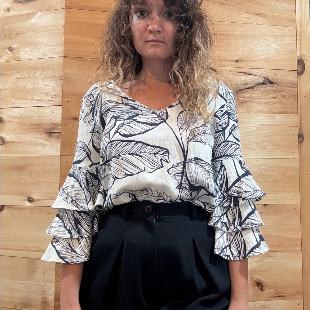 Linen Lux Navy Leaf Print Ruffle Sleeve Blouse